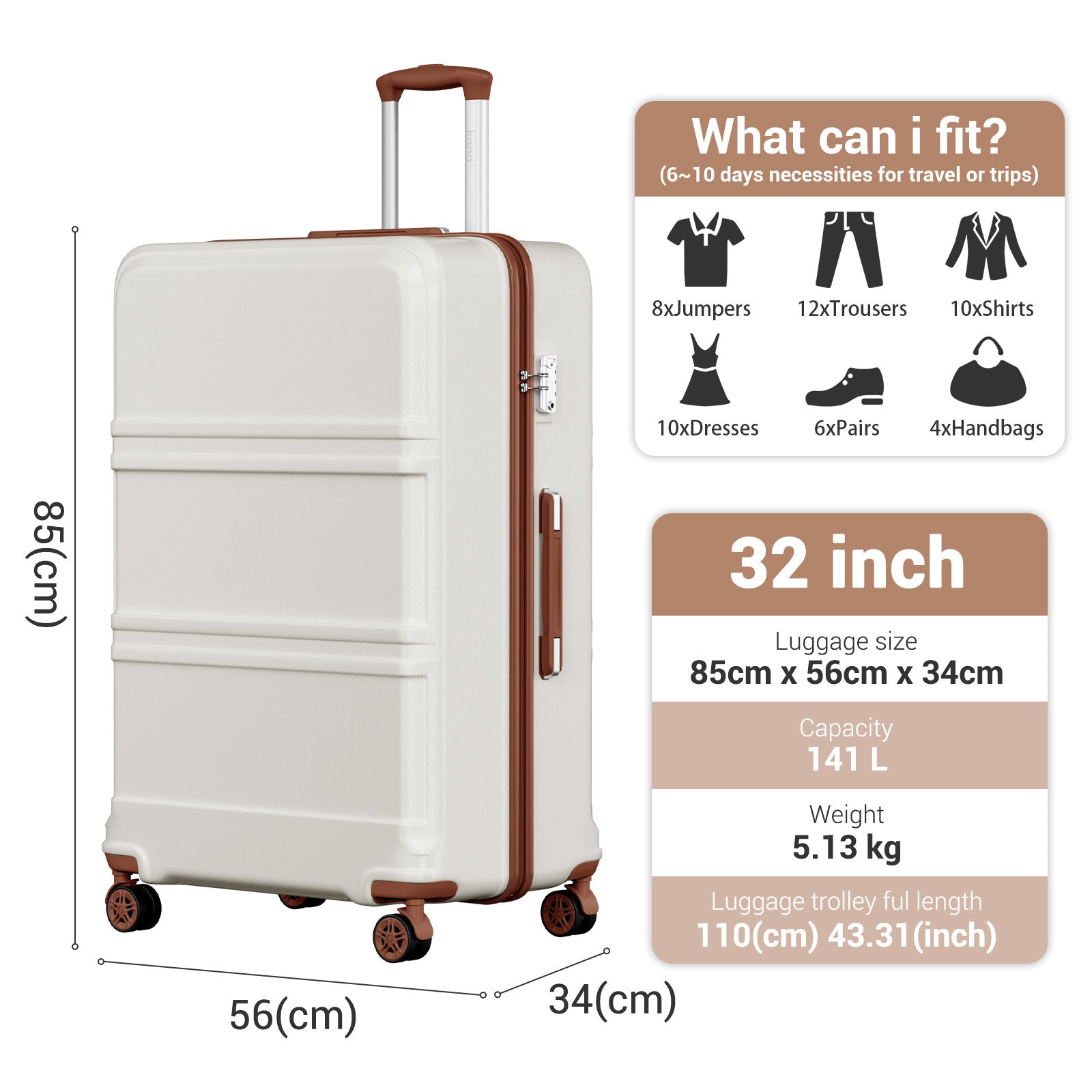Kono ABS+PC Maleta Extra Grande de 32 Pulgadas, Diseño Horizontal Esculpidor, Equipaje Rígido con Ruedas y Mango Telescópico