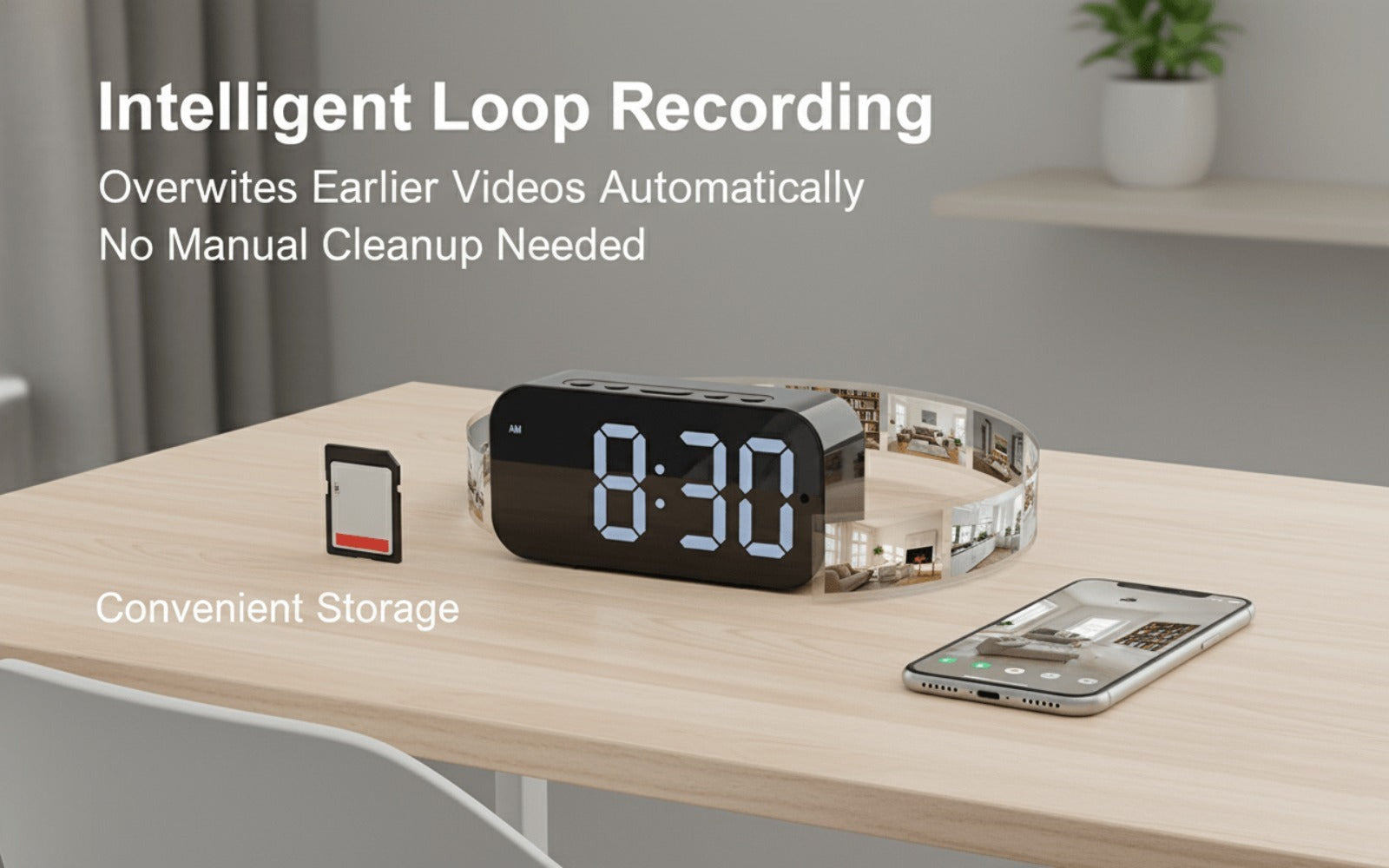 Cámara con reloj digital 1080P FHD, cámara de seguridad con tarjeta SD de 32 GB, punto de acceso AP y WiFi6, visualización remota en tiempo real, almacenamiento local, detección de movimiento, para uso en interiores en hogar, oficina y tienda inteligentes