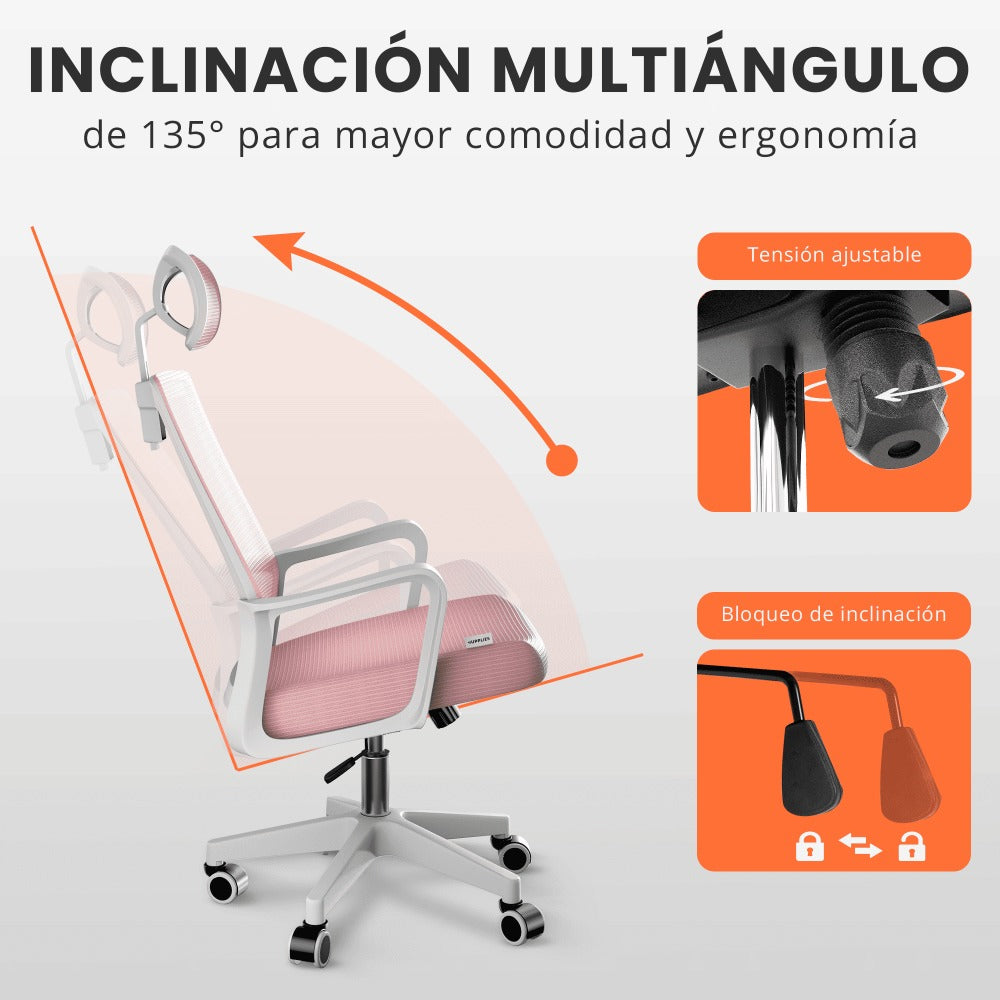 RELAXTY Silla de Oficina Ergonómica – Ajustable y Reclinable con Reposacabezas, Soporte Lumbar, Malla Transpirable y Ruedas 360° | Soporta Hasta 100 kg
