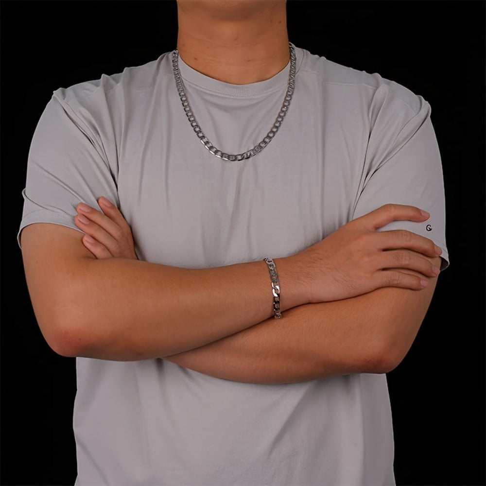 Juego de joyería plateado en plata de 925, collar de eslabones cubanos de 8 mm + juego de pulsera, joyería minimalista, regalo para el Día de San Valentín, Día de la Madre, Día del Padre, empaque en caja de regalo