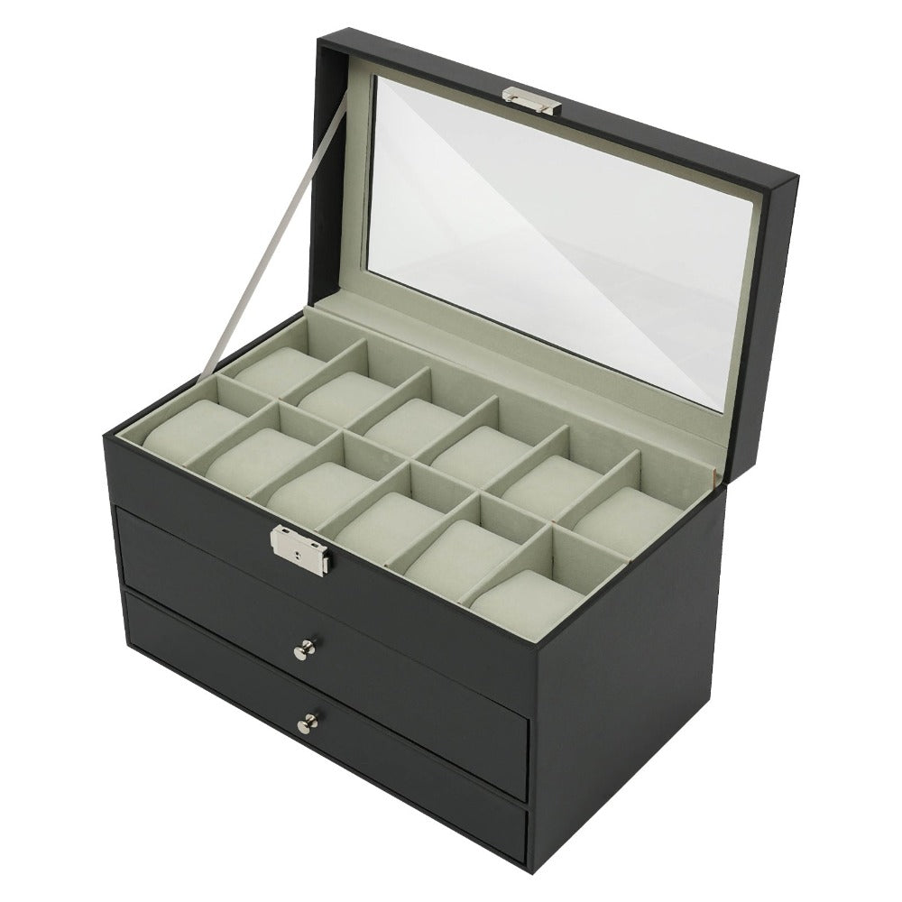 Caja de Joyería, Estuche de Almacenamiento de Joyería con 2 Cajones, Organizador de Joyería de 3 Niveles, Estuche de Reloj con 12 Ranuras, Gabinete de Joyería de Escritorio para Pendientes y Anillos, Gran Regalo, Negro