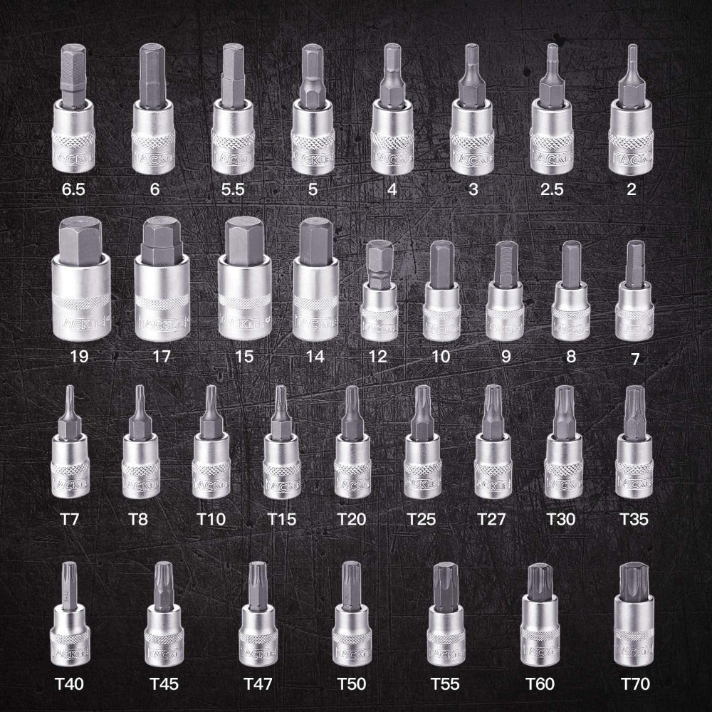 TAckLIFE Juego de 33 Piezas de Brocas Torx y Hexagonal 1/4", 3/8", 1/2" en Acero S2 y Cr-V con Estuche de Almacenamiento Duradero