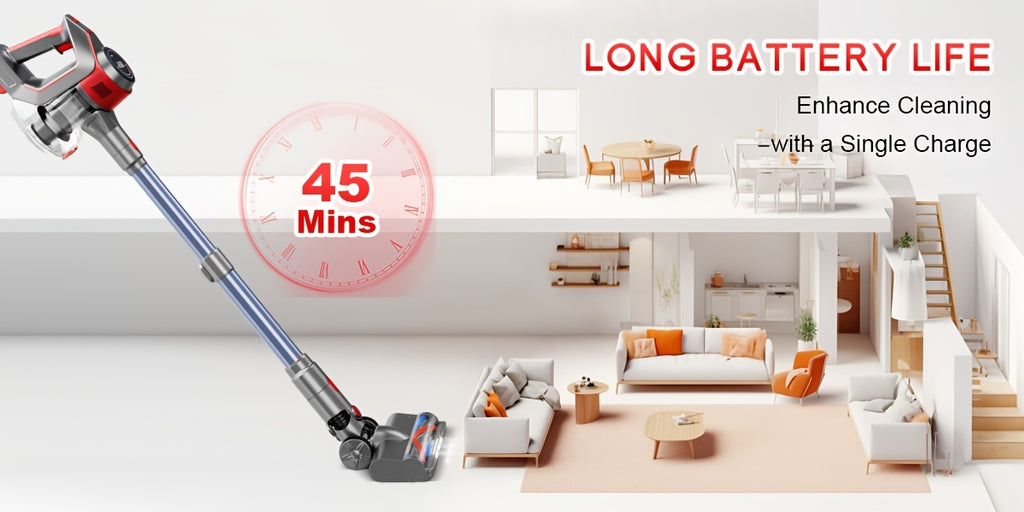 Aspiradora inalámbrica ligera de 60-70 Kpa con cepillo anti-enredos, múltiples niveles de succión y una larga duración de hasta 45 minutos, ideal para alfombras, pelo de mascotas y pisos de madera dura durante la limpieza de primavera