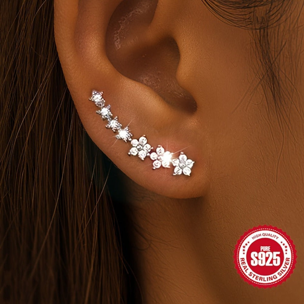 Pendientes de plata S925 para mujer con diseño de fila de flores, hipoalergénicos, aptos para uso diario, elegantes y versátiles, idea de regalo para festivos y Navidad, accesorio de regalo perfecto