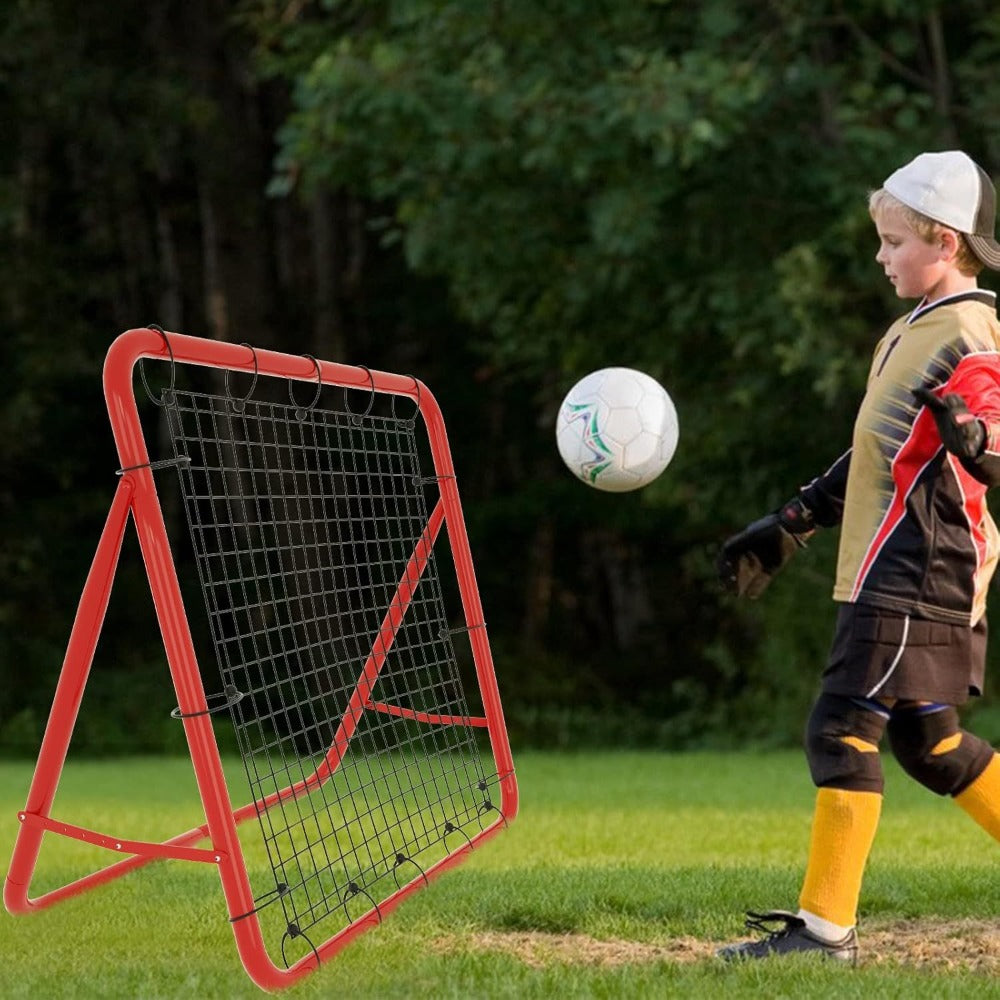 Red de Rebote de Fútbol 100x65cm Pared de Rebote Plegable con 4 Niveles Ajustables Accesorios de Entrenamiento Red de Acero Rojo + Red de PE para Patear, para Ejercicio, Fútbol, etc