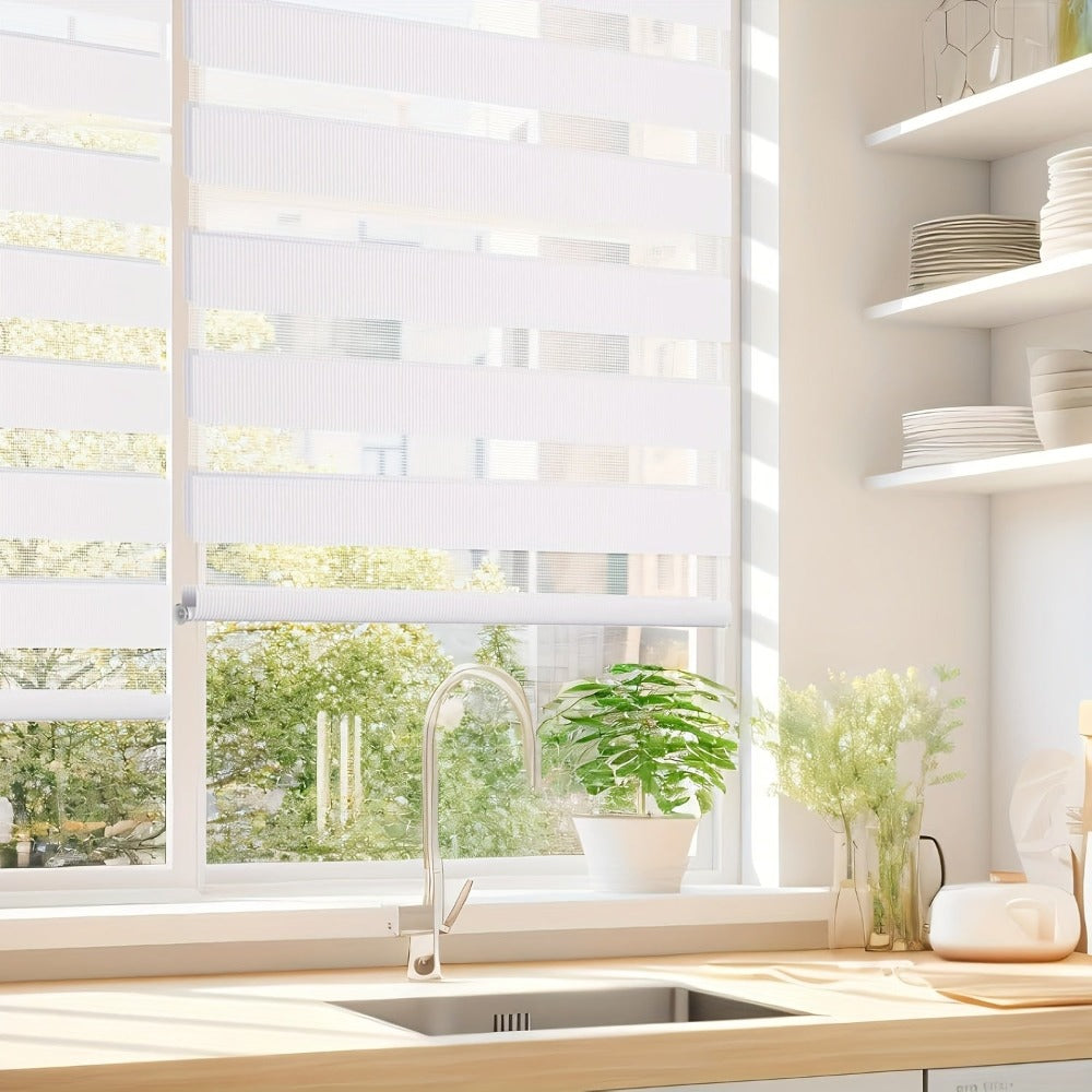 2 unidades de persianas enrollables dobles blancas, cortinas dobles de protección solar, persianas enrollables de cebra, sin perforación con fijación de abrazaderas, translúcidas, opacas, regulación de la luz, decoración del hogar, cortinas para dormitori