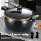 Olla Grande de 28 cm con Tapa de Cierre - Olla Versátil para Sopas y Estofados Rápidos, Compatible con Estufas de Gas, Diseño Elegante en Negro y Dorado, Tapa de Vidrio, Opciones Multicolor de Moda - Regalo Ideal para el Hogar