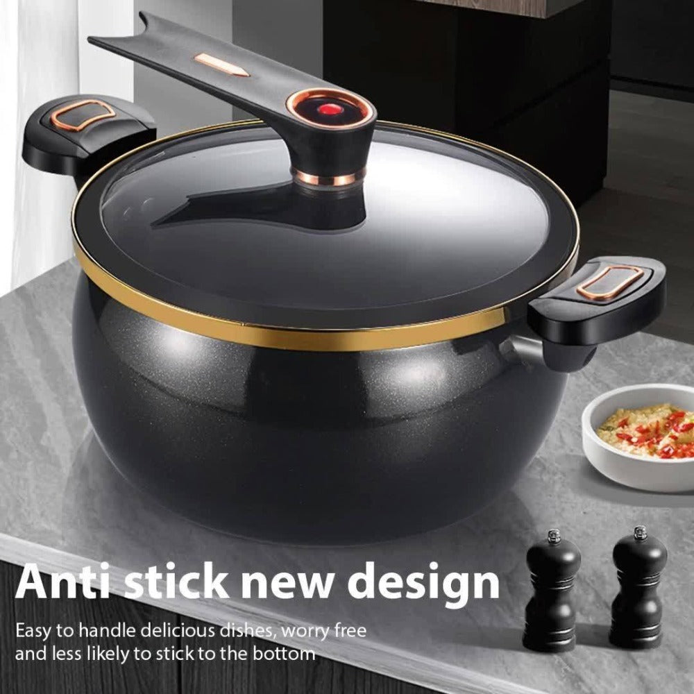Olla Grande de 28 cm con Tapa de Cierre - Olla Versátil para Sopas y Estofados Rápidos, Compatible con Estufas de Gas, Diseño Elegante en Negro y Dorado, Tapa de Vidrio, Opciones Multicolor de Moda - Regalo Ideal para el Hogar