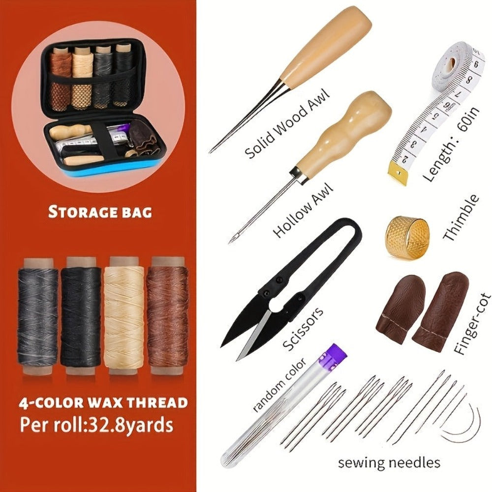 Juego completo de kits de costura de cuero - Esenciales para hacer y reparar cuero para manualidades, tapicería y proyectos DIY - Incluye agujas de costura de ojo grande, hilos de cera y herramientas para artesanos de cuero