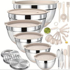 Juego de Tazones para Mezclar de Acero Inoxidable con Cubierta Sellada, Accesorio Rallador, Fondo Antideslizante - 26 piezas Tamaños 5QT, 4.5QT, 3QT, 2.5QT, 2QT, 1.5QT - Ideal para Mezclar y Servir
