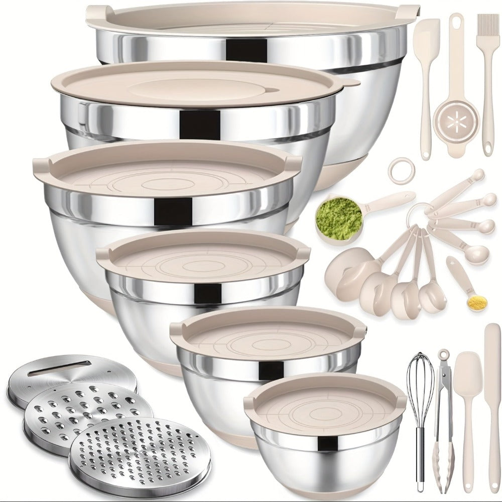 Juego de Tazones para Mezclar de Acero Inoxidable con Cubierta Sellada, Accesorio Rallador, Fondo Antideslizante - 26 piezas Tamaños 5QT, 4.5QT, 3QT, 2.5QT, 2QT, 1.5QT - Ideal para Mezclar y Servir