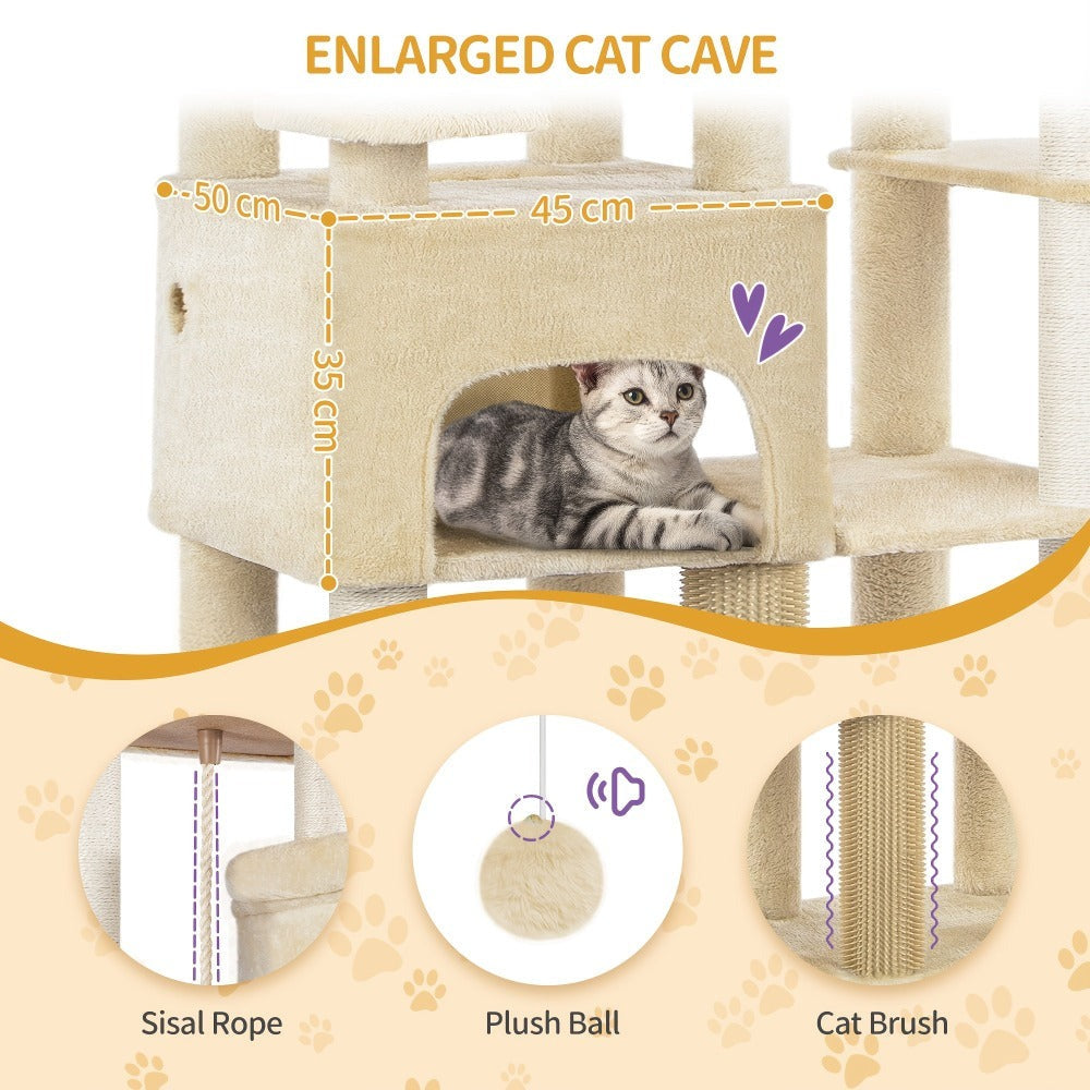 Poste Rascador para Gatos 200cm XXL, Incluye 10 Postes Rascadores, 2 Camas para Gatos, 2 Hamacas, Plataforma Grande, Cepillo para Gatos, Cesta, Árbol para Gatos de Alta Resistencia, Adecuado para Maine Coons y Gatos Grandes, Gris Claro, Gris Oscuro, Beige