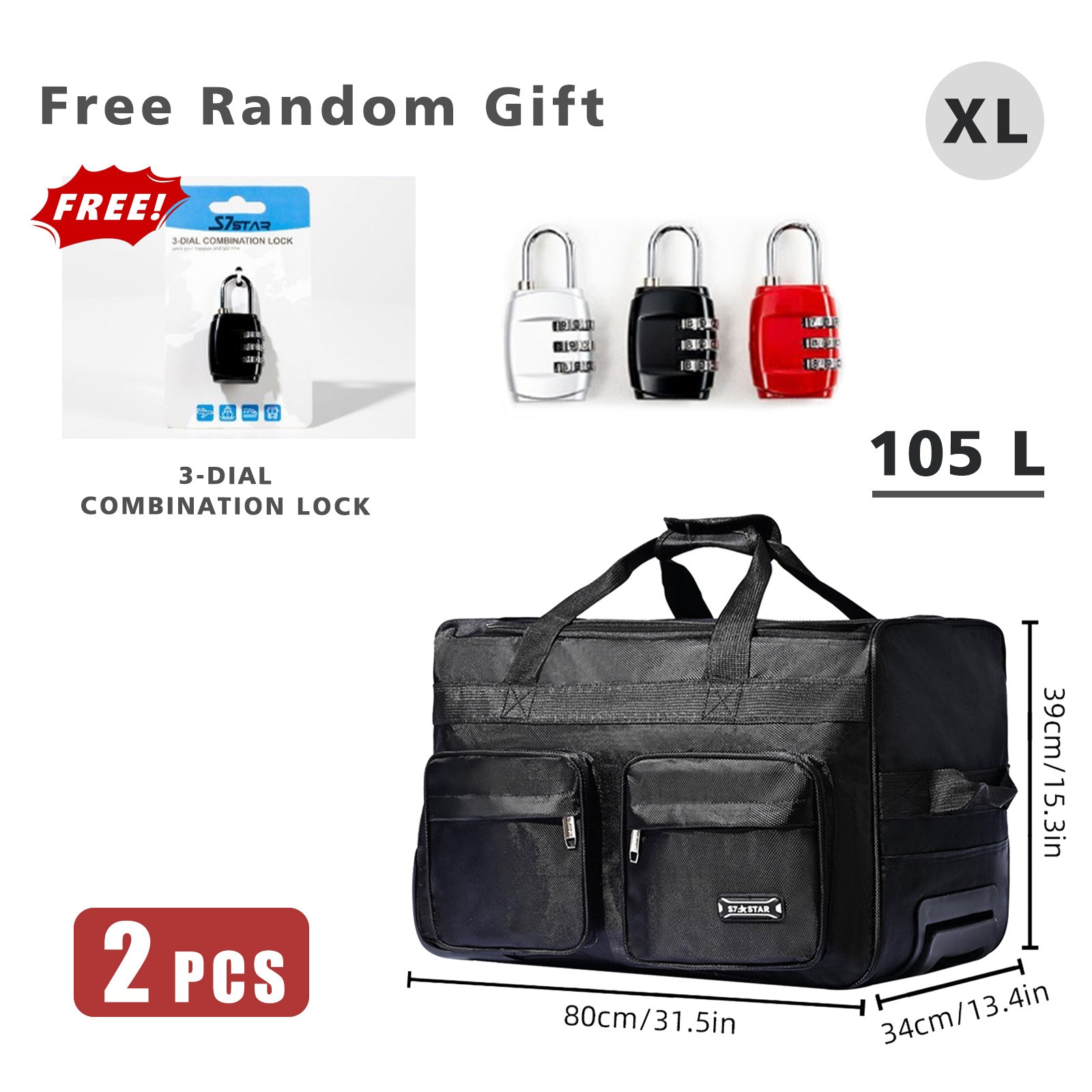 [Varios tamaños] Bolsa de lona con ruedas y candado de seguridad aleatorio GRATIS | 2 artículos en total: 1 bolsa (elija entre 35L, 55L, 70L, 105L) + 1 candado | Opción de equipaje de mano | para senderismo, playa, viajes