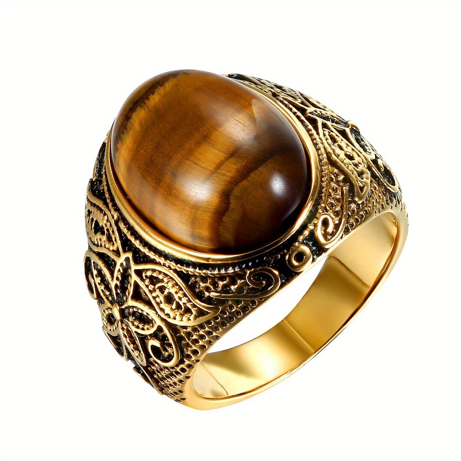 Anillo unisex vintage con diseño de flor tallada, hecho de ojo de tigre y acero inoxidable, con una banda dorada clásica adecuada tanto para hombres como para mujeres