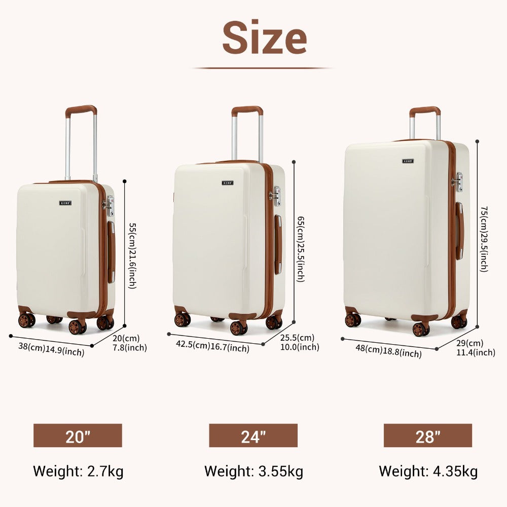 3 piezas de equipaje de cabina Kono de 20/24/28 pulgadas, equipaje de mano, pequeño, PC+ABS, carcasa dura, ligero, duradero, bolsa de viaje con ruedas dobles giratorias, cerradura de seguridad TSA
