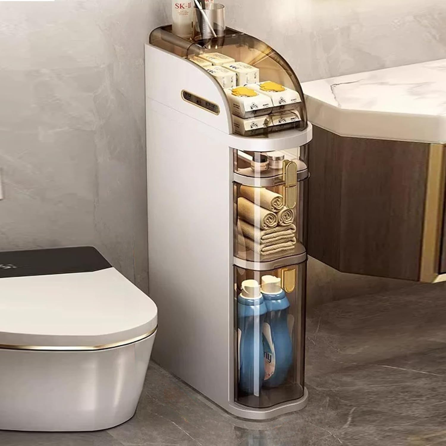 Organizador de baño estrecho de 4 niveles, gabinete de almacenamiento para baño delgado de 7.1″ con cajones y caja de pañuelos, armario móvil de plástico impermeable con ruedas para cocina pequeña, lavandería, sala de estar, unidades de cajones de almacen