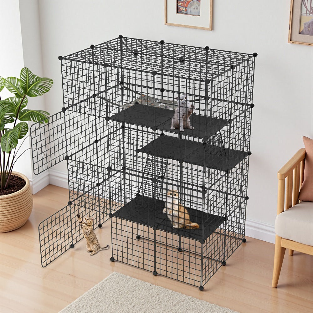 Cerradura Metálica Negra para Exteriores para Conejos, con Puerta y Adecuada para Animales Pequeños como Cobayas y Cachorros, Medidas 146X110X74 Cm (4 Columnas y 3 Capas)