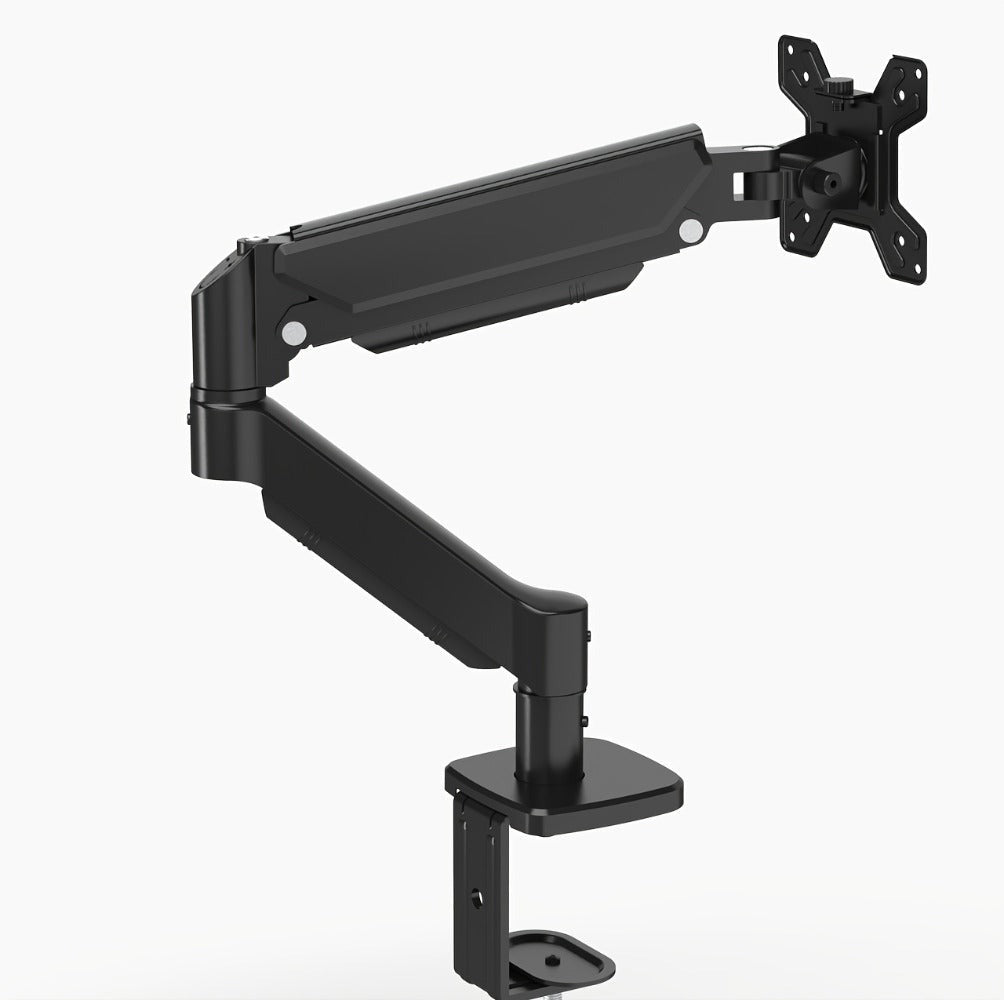 Soporte de brazo único para monitor de TV/computadora, diseño ergonómico, inclinación y rotación bidireccionales, altura ajustable, de acero, incluye 3 destornilladores portátiles.