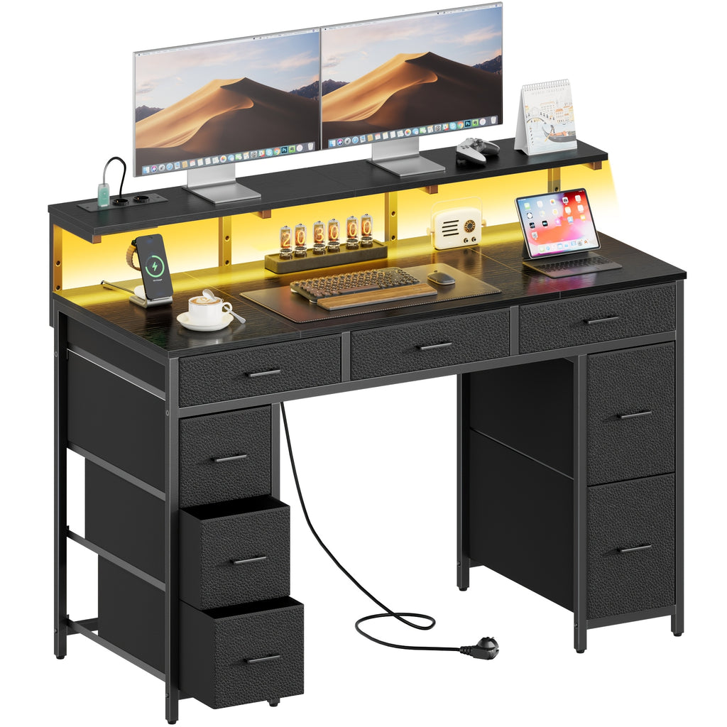 Escritorio para Gaming con 8 Cajones de Tela, Soporte para Monitor con Luz LED, Regleta Europea (2 AC/2 USB), Tapa de Madera, Patas Ajustables para Oficina en Casa/Sala de Juegos