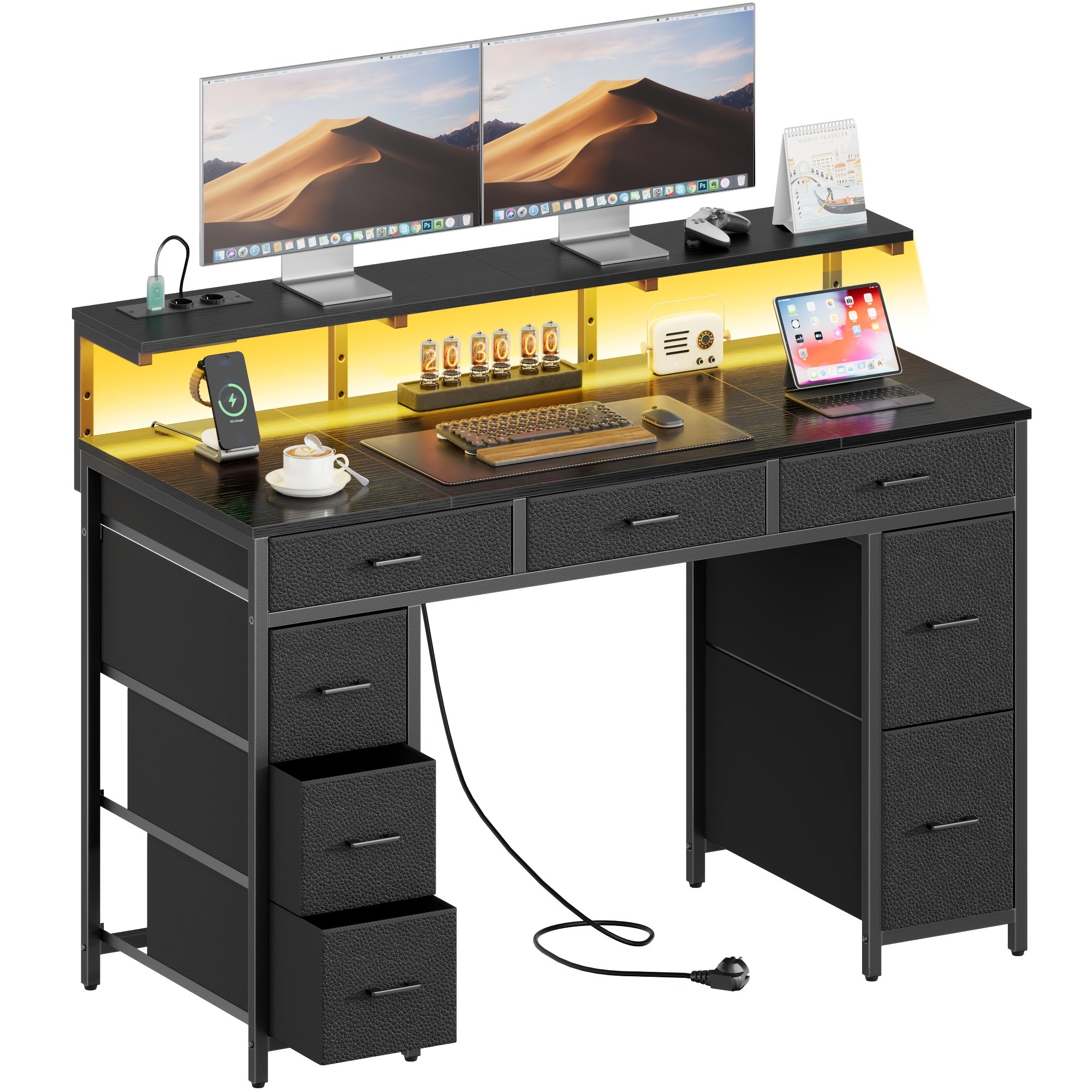 Escritorio para Gaming con 8 Cajones de Tela, Soporte para Monitor con Luz LED, Regleta Europea (2 AC/2 USB), Tapa de Madera, Patas Ajustables para Oficina en Casa/Sala de Juegos