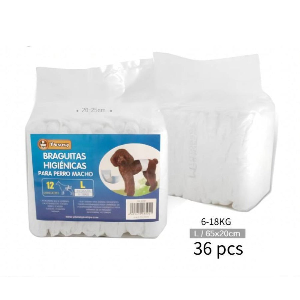 Paquete de 36 pañales desechables para perros machos, ropa interior higiénica para mascotas, suaves, absorbentes, transpirables y cómodos, disponibles en varios tamaños, XS/S/M/L, blancos.
