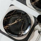 Juego de platos y tazones negros para 4, juego de vajilla de porcelana de 16 piezas con esmalte de salpicaduras doradas, juego de platos redondos con tazas, apto para lavavajillas y microondas