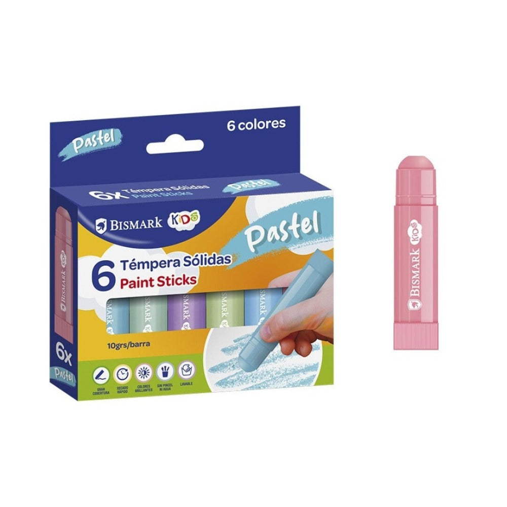 6 pcs Barras de color sólido de 10grs/barra, Gran Cobertura, Secado Rápido, Colores Brillantes y Lavables, ideales para actividades escolares y creativas.