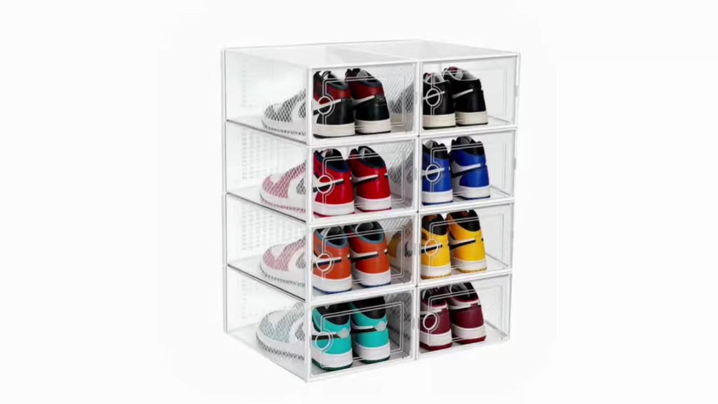 VORTEX Pack Organizador de Calzado Cajas de Zapatos Blancas y transparentes Apilables con Apertura Frontal，Sistema Antivuelco y Ventilación