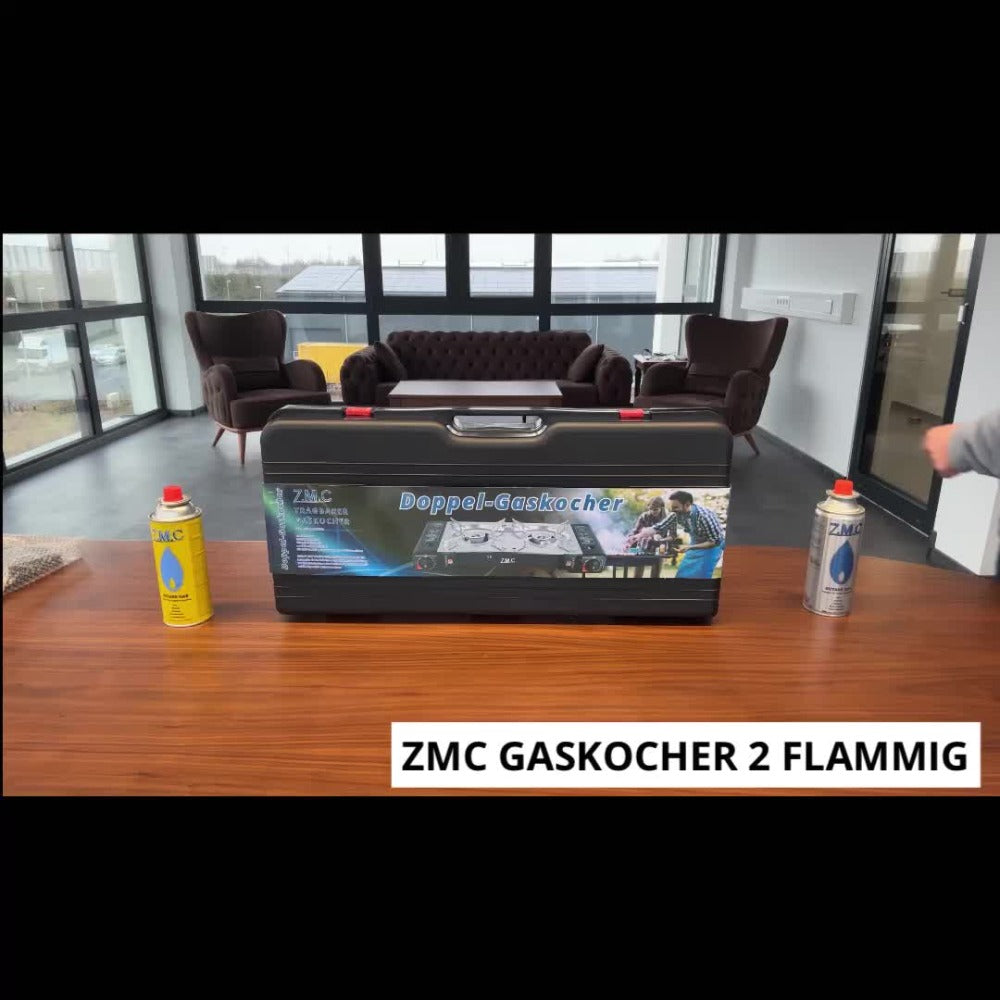 Estufa de Gas para Camping ZMC de 2 Quemadores con Adaptador LPG y Estuche de Almacenamiento – Estufa de Gas Doble con Potencia de 2.5 kW, Encendido Piezoeléctrico, Compatible con Cilindros de Gas Butano de 227g y Botellas de Gas LPG – Estufa de Gas Portá