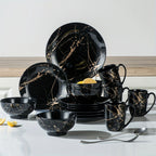 Juego de platos y tazones negros para 4, juego de vajilla de porcelana de 16 piezas con esmalte de salpicaduras doradas, juego de platos redondos con tazas, apto para lavavajillas y microondas