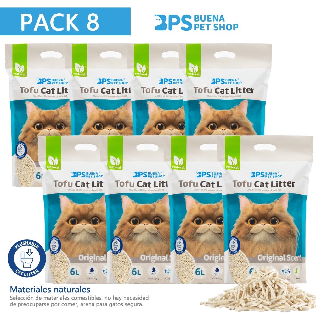 BPS Arena de Tofu para Gatos 6L - Sin Polvo Fácil de Aglomerar y Controla Olores - Biodegradable y Segura para Gatitos - Pack de 8 Bolsas
