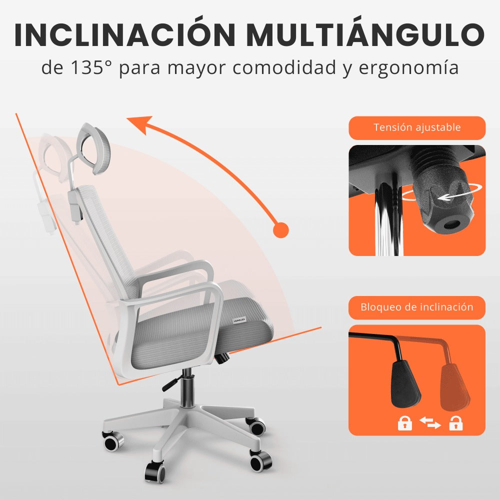 RELAXTY Silla de Oficina Ergonómica – Ajustable y Reclinable con Reposacabezas, Soporte Lumbar, Malla Transpirable y Ruedas 360° | Soporta Hasta 100 kg