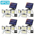 2/4 piezas de luces solares de pared para exteriores, 288 LED con sensor de movimiento y control remoto, 4 modos de iluminación para patio solar, focos de seguridad de gran angular de 270°, luz solar de pared de 4 cabezales para porche, jardín, garaje, te