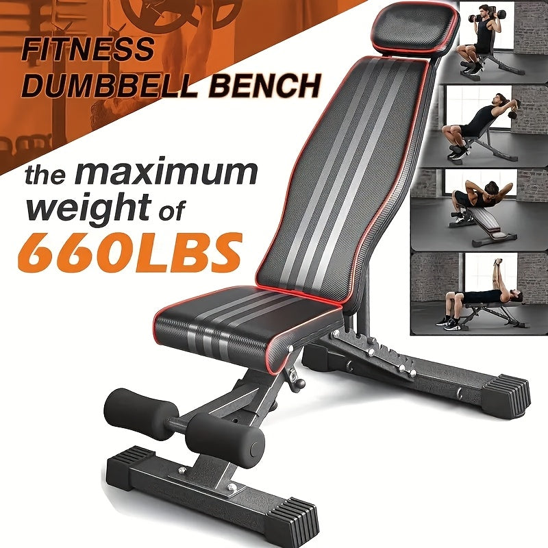 Banco de pesas versátil, banco de ejercicios plegable con una capacidad de carga de 299.37 KG, soporte mejorado para cabeza, cuello y columna vertebral, posiciones de inclinación, declinación y plana ajustables para entrenamiento de fuerza en el gimnasio