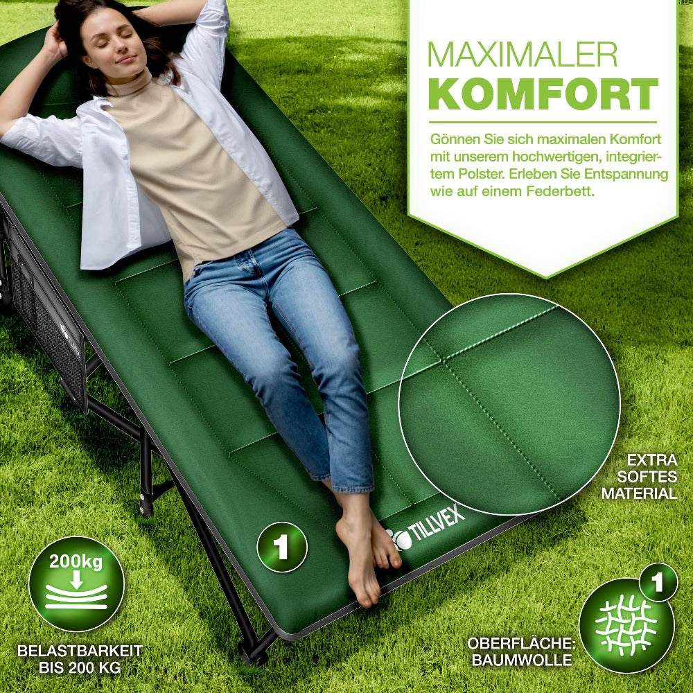 Tillvex® Cama Plegable para Camping con Bolsa de Transporte, Soporta Hasta 200 kg, Cama Extra Ancha para Camping, Cama de Campaña, Cama de Pesca para Uso en Exteriores e Interiores, Cama Plegable para Invitados, Portátil para Jardín, Camping, Pesca, Festi