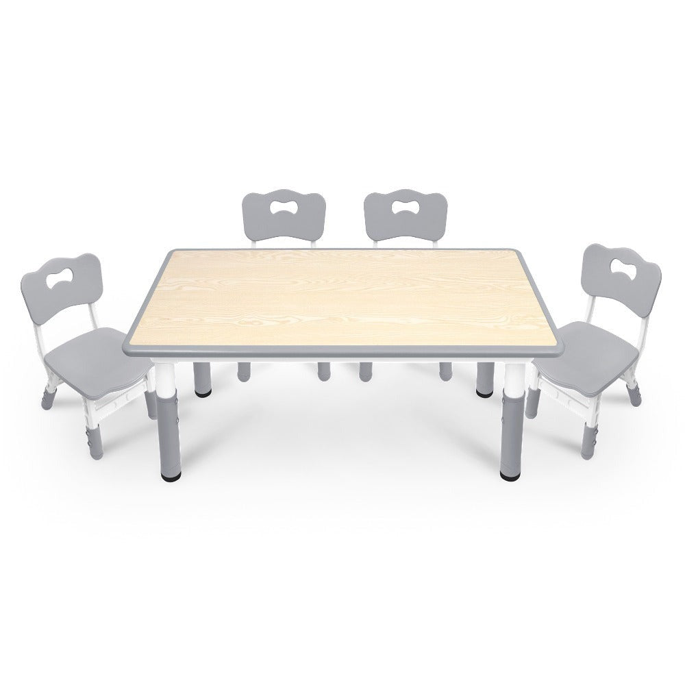 Una mesa acompañada de cuatro sillas, con un diseño de altura ajustable, ideal para una oficina y una mesa de aula que es fácil de limpiar.