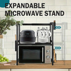 Estante de microondas expandible de 3 niveles, con 4 ganchos, ancho y altura ajustables, organizador de encimera de cocina, estantes de almacenamiento para ollas, sartenes y parrillas, ancho 40-64cm, negro, estante de pie