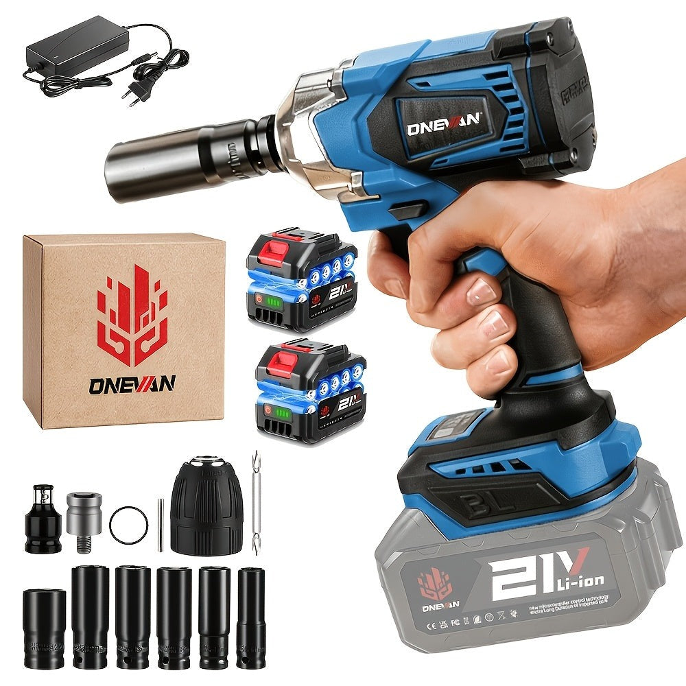 Llave eléctrica sin escobillas de 1000 N.m, juego de taladro eléctrico sin destornillador de 1/2 pulgada, 4 velocidades ajustables, adecuada para reparación de coches, instalación de muebles y andamios, compatible con baterías ONEVAN, una herramienta eléc