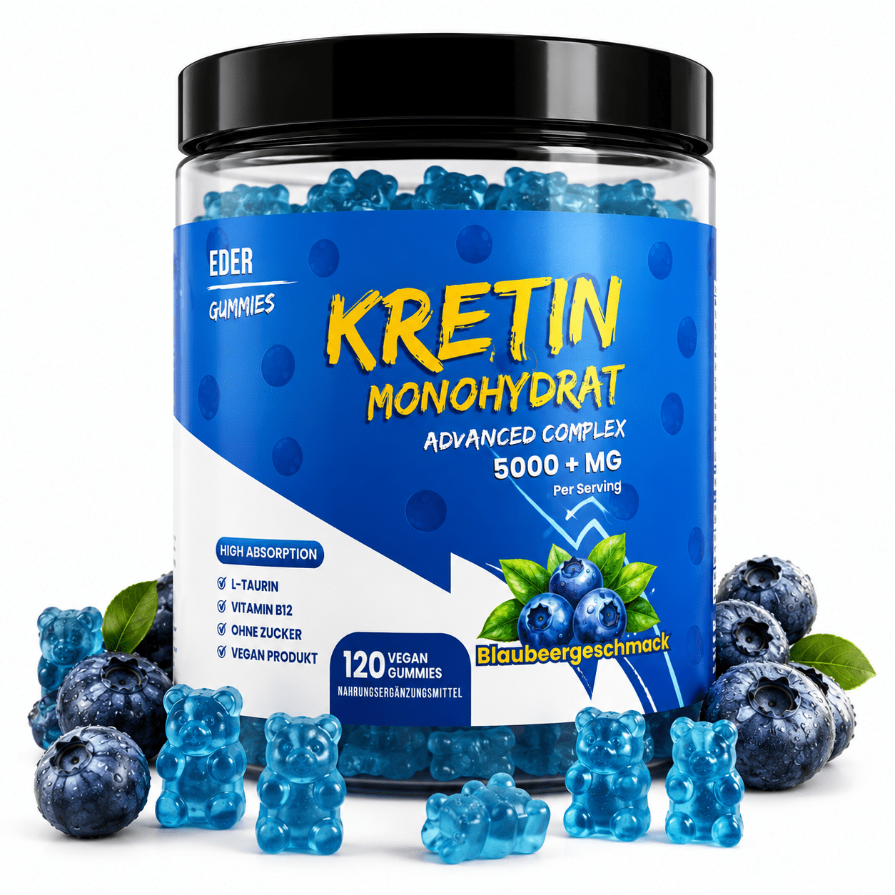 Gomitas de Monohidrato de Creatina, Sabor a Arándano sin Azúcar, 5000 mg por Porción con L-Taurina y Vitamina B12, Suplemento de Creatina Masticable de 120 Unidades para Hombres y Mujeres, No Requiere Mezcla, Soporte Diario para Entrenamiento