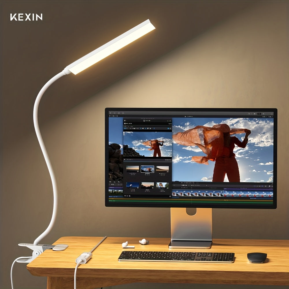 Lámpara de Mesa KEXIN con Pinza para Cama - 5W 48 LED Luz de Libro con 3 Modos y 13 Niveles de Intensidad, Lámpara de Escritorio Protectora de Ojos con Cuello Flexible 360°, Pinza para Mesa en Color