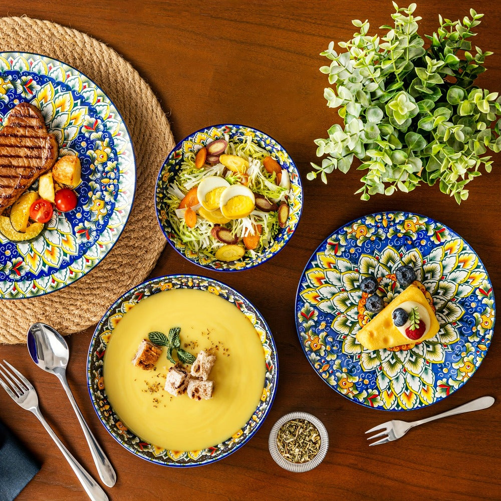 Juego de 24 Piezas de Vajilla Estilo Bohemio con Plato Principal, Platos para Postre y Tazones para Pasta o Cereal, Servicio para 6 Personas