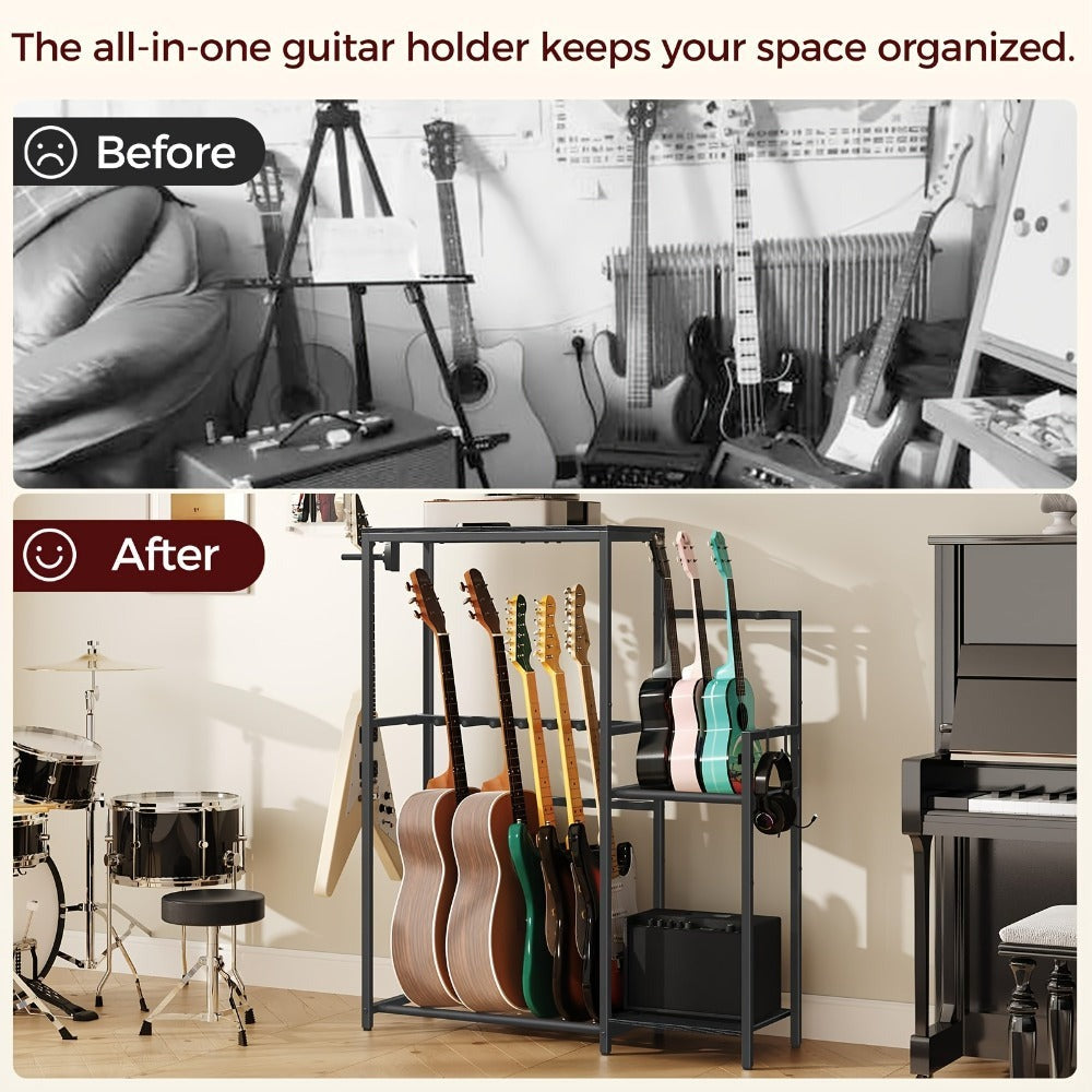 Soporte Multifuncional para Guitarra, Adecuado para Guitarras Acústicas, Guitarras Eléctricas, Bajos, Ukuleles, Banjos, Capacidad para 7 Guitarras, con Soporte para Amplificador de Guitarra, Estante de Almacenamiento para Accesorios de Guitarra y Cubierta