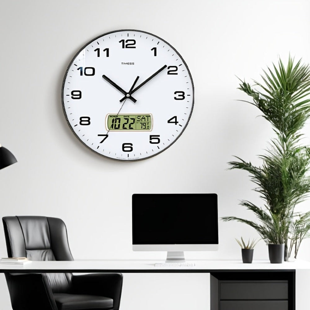 Reloj de Pared Analógico TIMESS con Calendario, Esfera Grande Silenciosa 12/14 Pulgadas en 2 Colores, Muestra Fecha Perpetua y Temperatura Fahrenheit, Decoración para Dormitorio, Oficina o Escuela