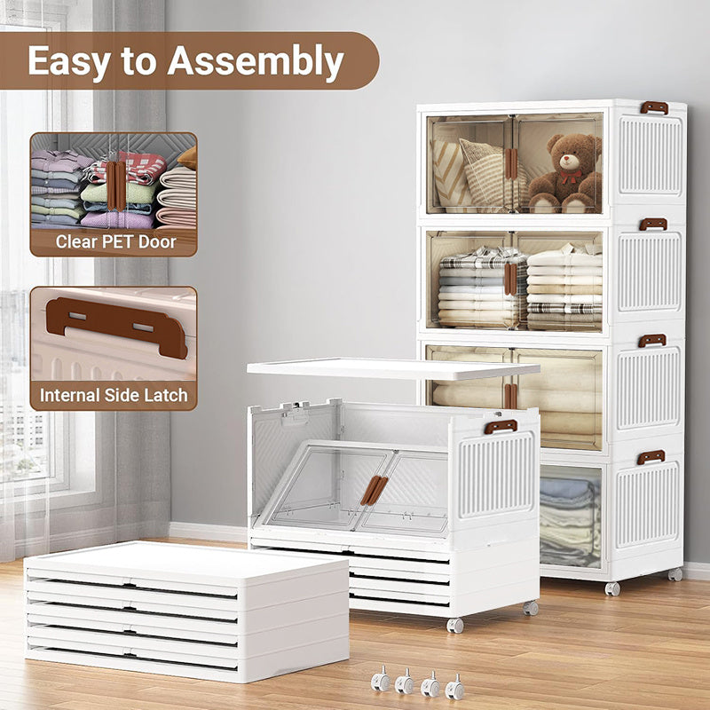 Armario de almacenamiento plegable de plástico resistente extra grande de 50 cm con puertas - Organizador plegable con movilidad de 4 ruedas, diseño de 2/3/4/5 capas, armario de suelo que ahorra espacio con puertas delanteras y superiores transparentes pa