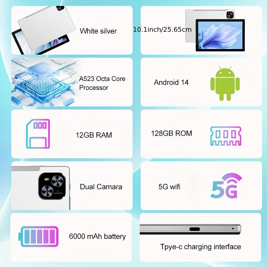 Tabletas Android | Tableta Android 14 de 10.1 Pulgadas, Tabletas 2 en 1 con Teclado, Ratón, Funda, Stylus, 128GB ROM y 12GB RAM (4GB+8GB), Doble