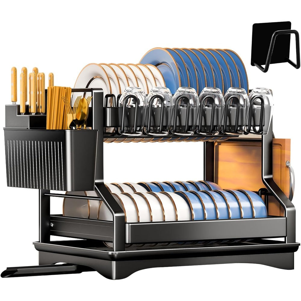 Escurridor de acero inoxidable de dos niveles con soporte para cubiertos, bandeja de goteo, portavasos y colador para fregadero