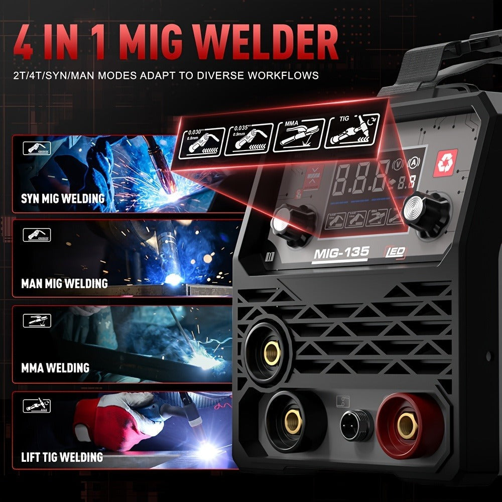 ANDELI 135Amp Máquina de Soldar MIG Flux Mig/Lift Tig/Stick 3-En-1 230V Portátil Sin Gas Multiproceso Soldadora Pantalla Digital LED Máquina de Soldar Inversor IGBT con Soplete Tig