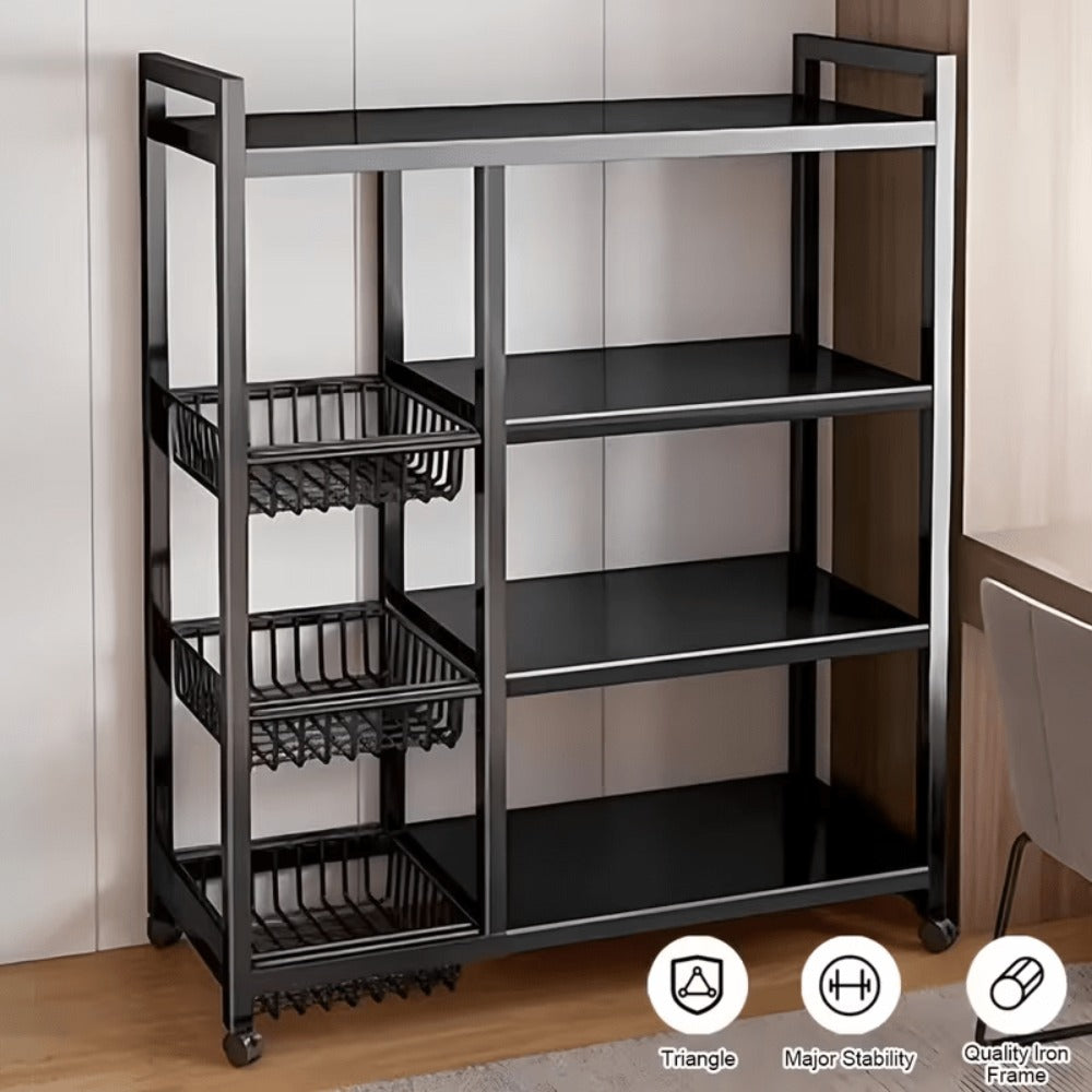 Estantes de cocina verticales ajustables, estantes abiertos de cuatro niveles con tres cestas de malla metálica, estantes de almacenamiento con poleas, estantes de organización de almacenamiento de cocina de gran capacidad, adecuados para cocinas, salas d