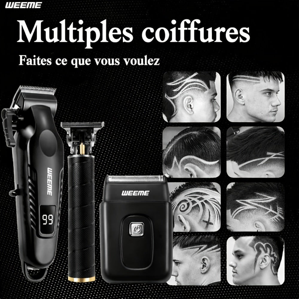 Kit de aseo eléctrico WEEME para hombre, , 3 piezas - Cortapelos + Recortador de barba + Máquina de afeitar eléctrica, carga USB, pantalla LCD de nivel de batería, ideal para peinado/afeitado/esculpir, uso en casa y viajes familiares en coche, regalo del