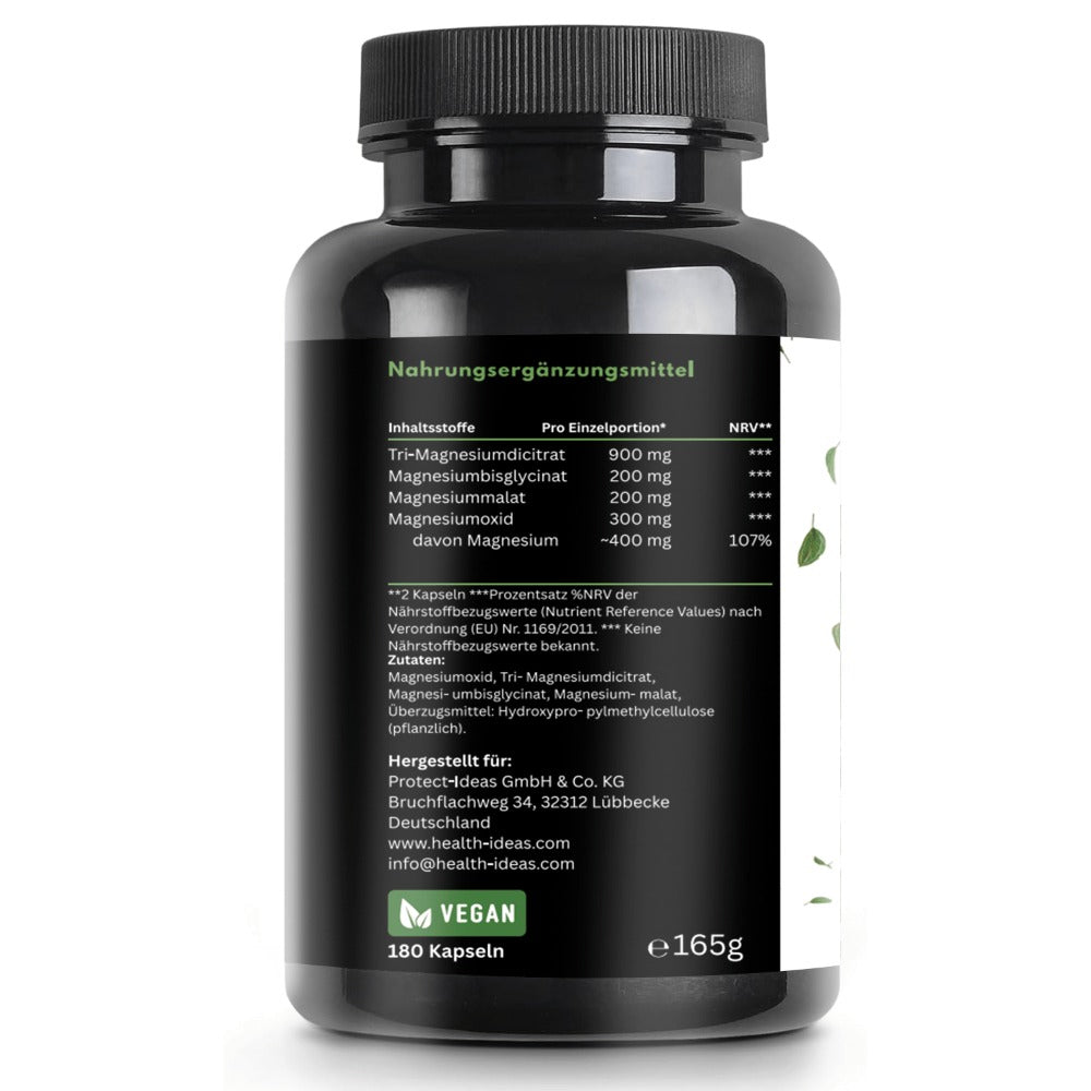 Cápsulas de Complejo de Magnesio – 180 Cápsulas Veganas – 400 mg de Magnesio Elemental por Porción Diaria – Citrato de Magnesio,Óxido, Bisglicinato y Malato
